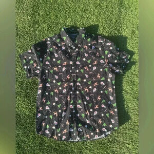 Denim & Flower Sleigh Bells Ring Holiday themed button down shirt, size M